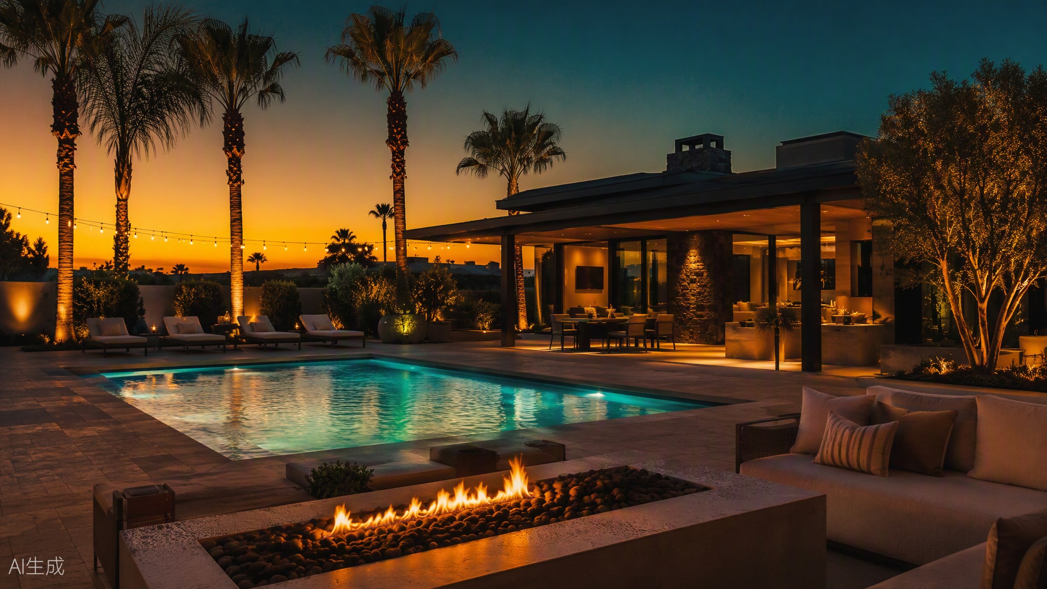 Luxurious Southern California backyard at golden-hour dusk with glowing pool and palm silhouettes